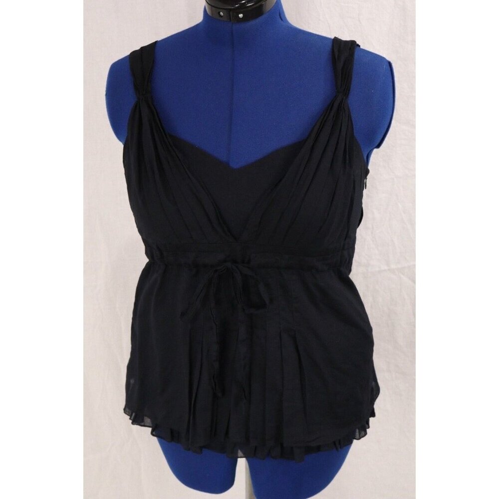 Ann Taylor Top Women 10 Black Cami Tank Pleated Boho Ruffle Tied Waist Y2K VTG - Picture 2 of 12